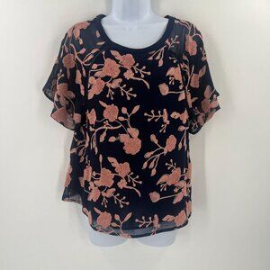 Anthro Maeve XS Navy Floral Flutter‎ Sleeve Blouse